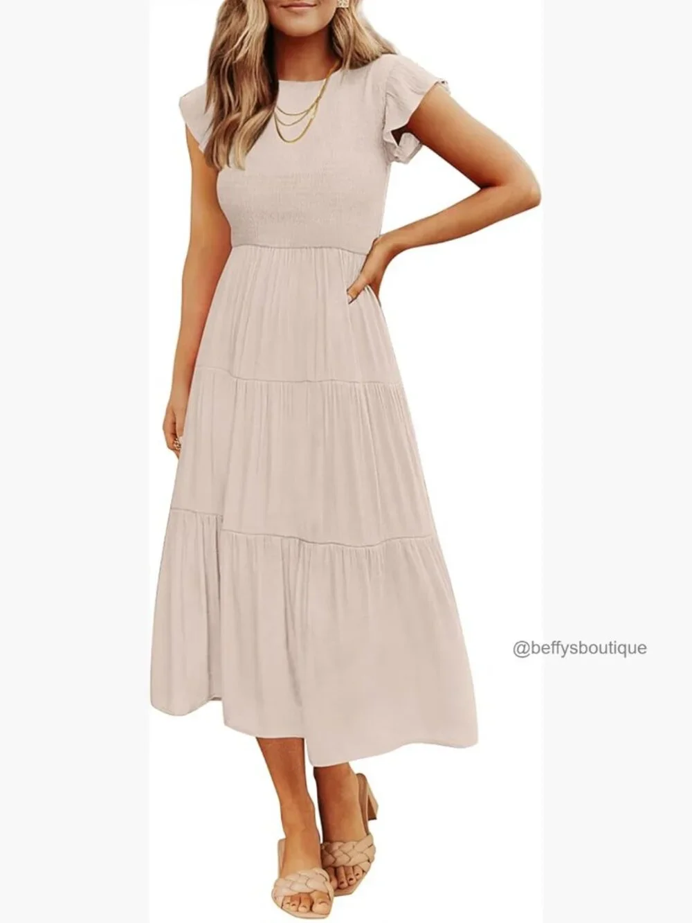 Flutter Short Sleeve Smocked Midi Dress - Casual Summer - Picture 1 of 7